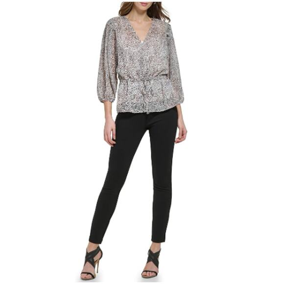 New ~ DKNY ~Women's Animal Print Flattering Tie Waist Blouse Size XS - Picture 9 of 9